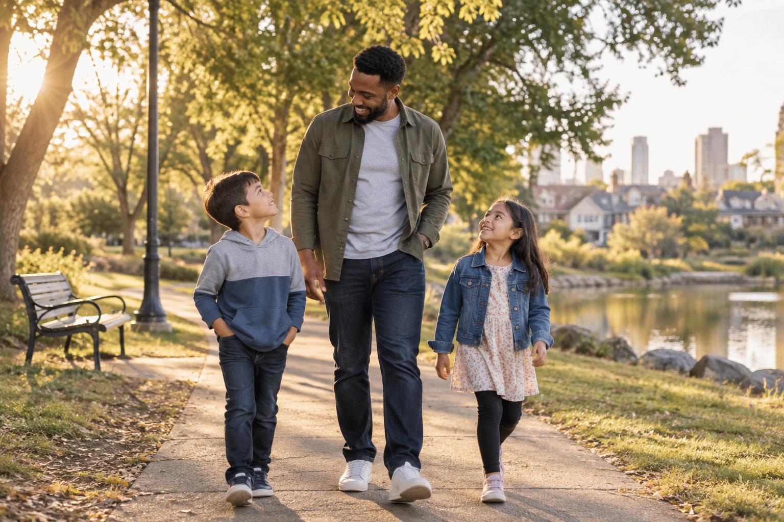 A caring adult walking with two children in a sunlit neighborhood park