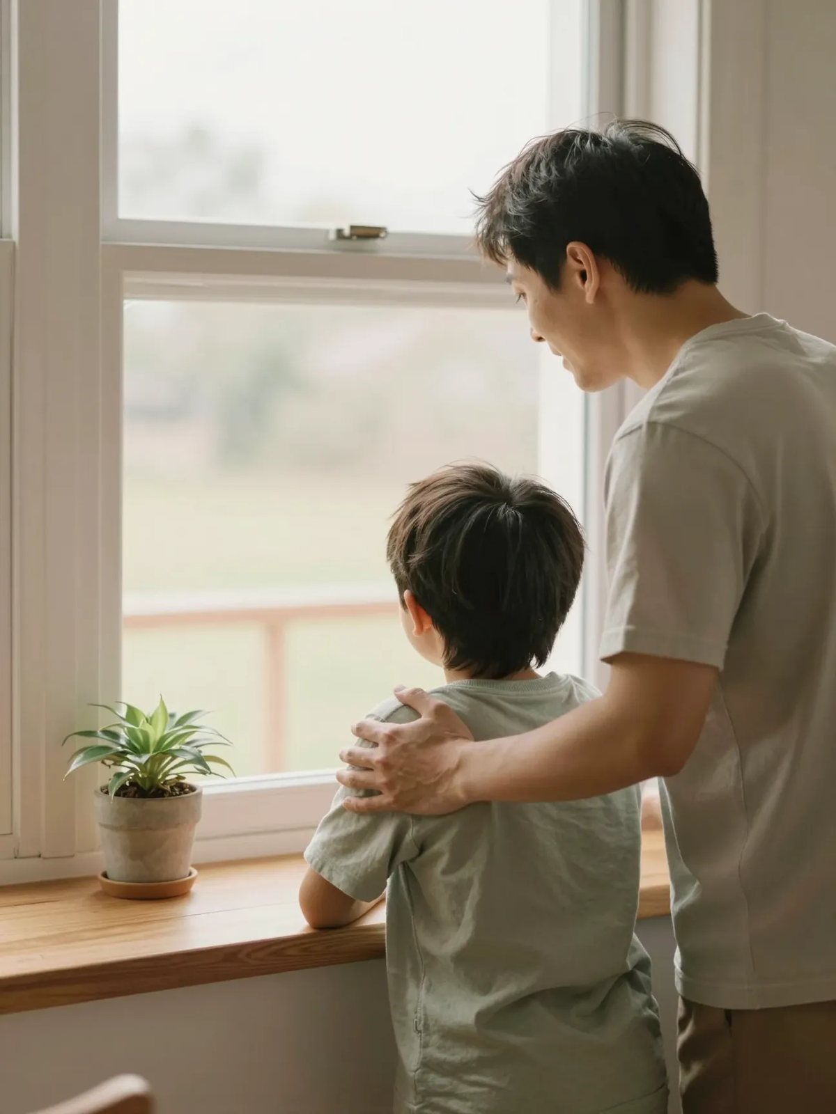 A caring adult standing with a child at a sunlit window, looking out together