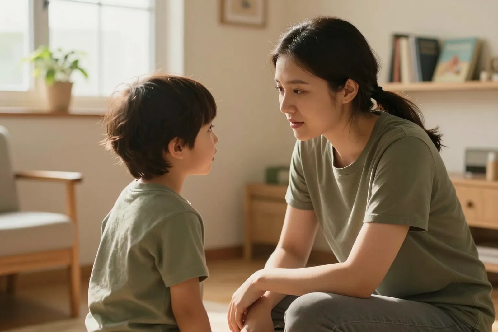 A caregiver crouching to eye level to listen to a young child in a warm, home-like room