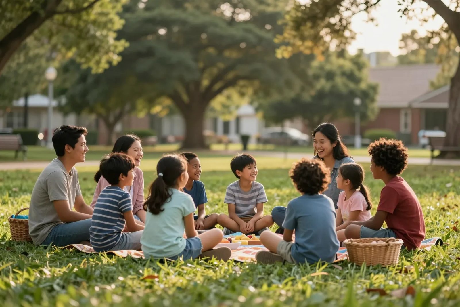 Children and volunteers sitting in a circle on the grass in a neighbourhood park