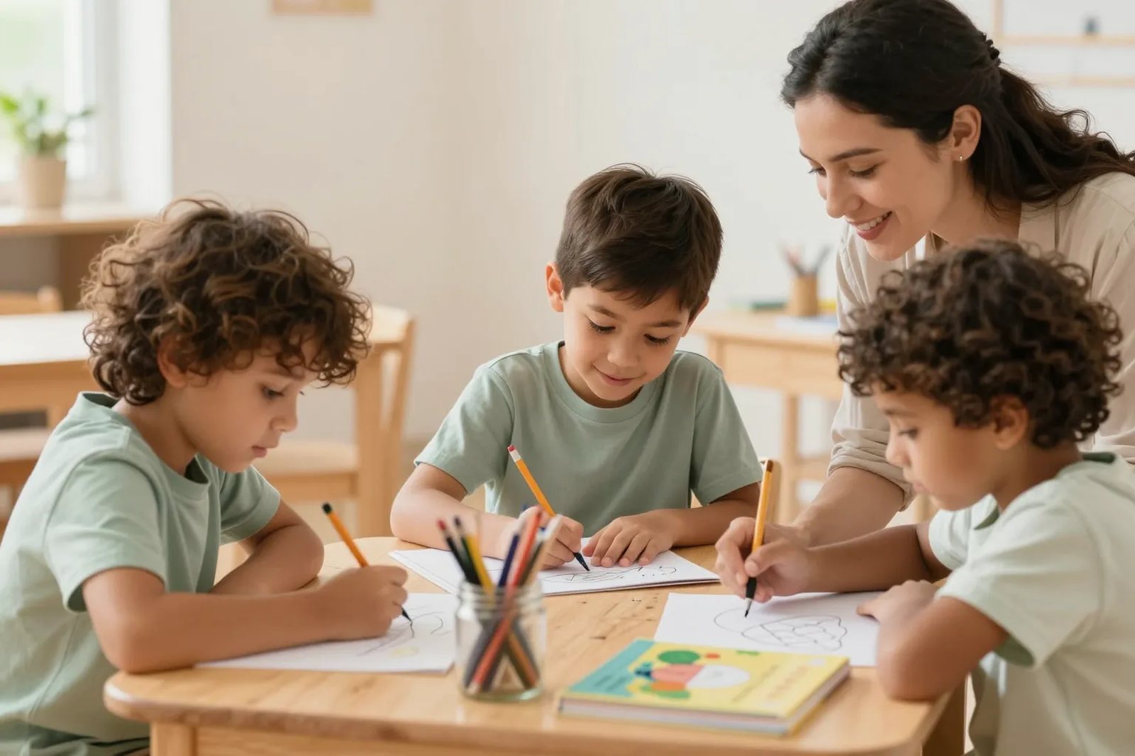 Children drawing and painting together at a table while a mentor encourages them